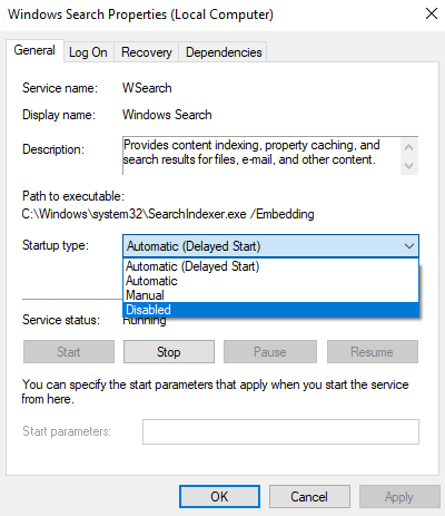 Disable the Windows Search Index