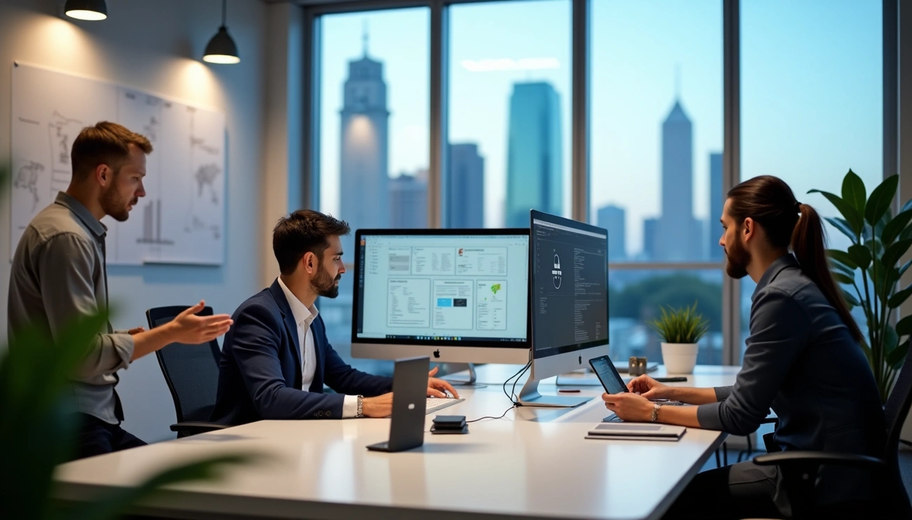 Three male web developers collaborating on a website project in a modern Dallas office with skyscraper views in the background.