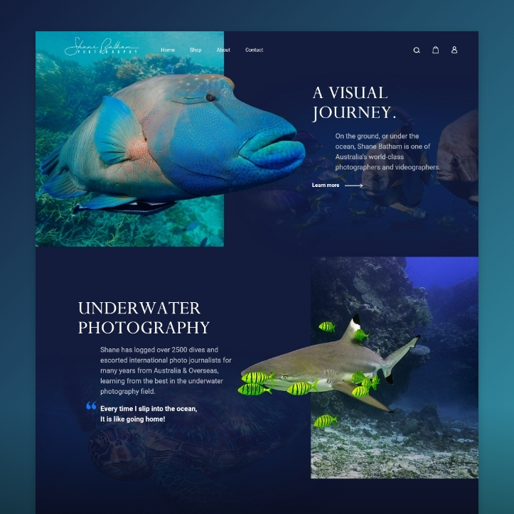 A website design for a corporate business featuring an underwater theme, with a large blue fish and a shark in the background