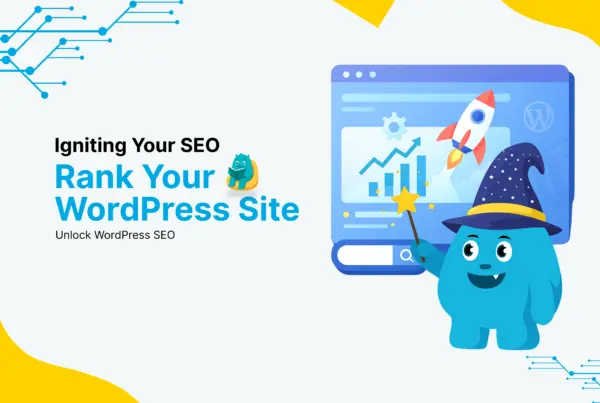WordPress SEO optimization illustration showing website ranking growth with analytics chart and rocket launch