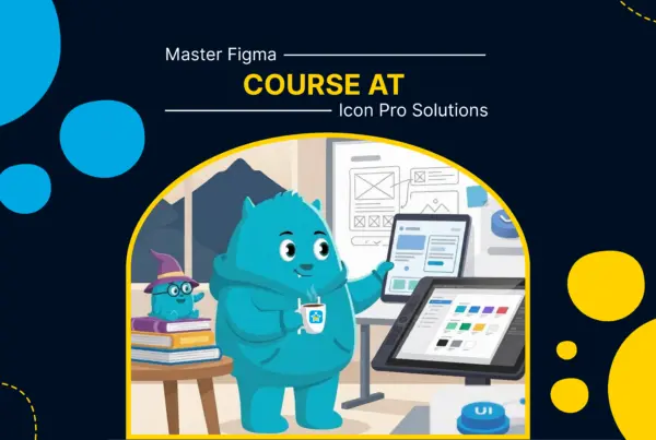 Blue mascot designing UI for Icon Pro Solutions Figma course