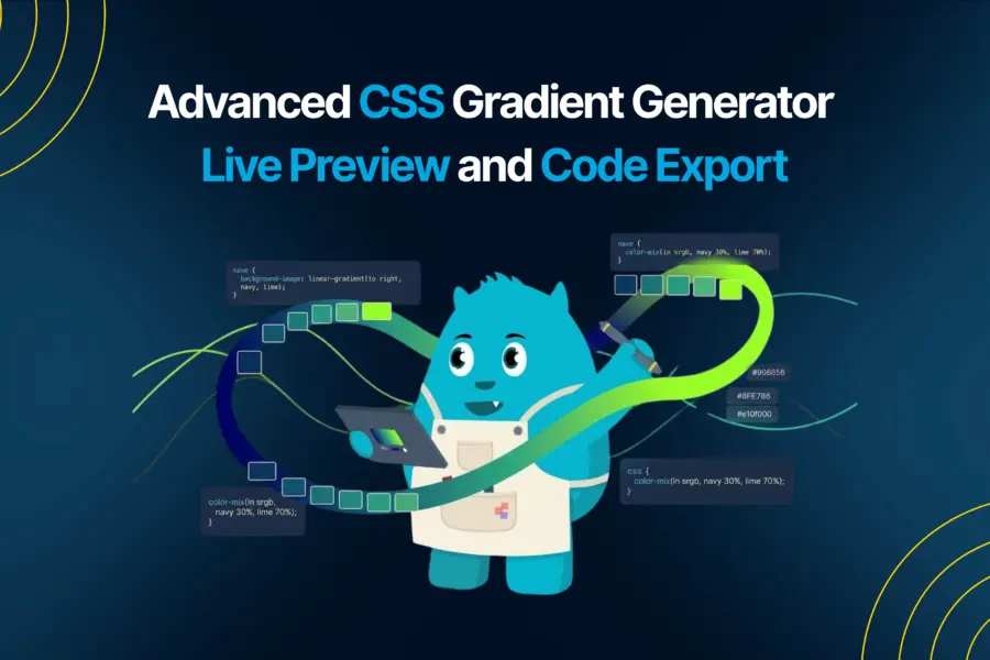 Bloop, a blue mascot in an apron, draws a navy to lime green color gradient ribbon with a stylus, surrounded by CSS code.