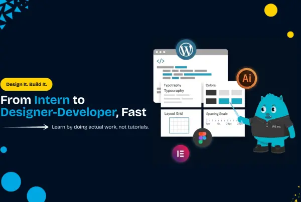 Icon Pro Solutions mascot pointing to a WordPress design panel with Figma, Elementor, and Adobe AI icons for a design and development internship